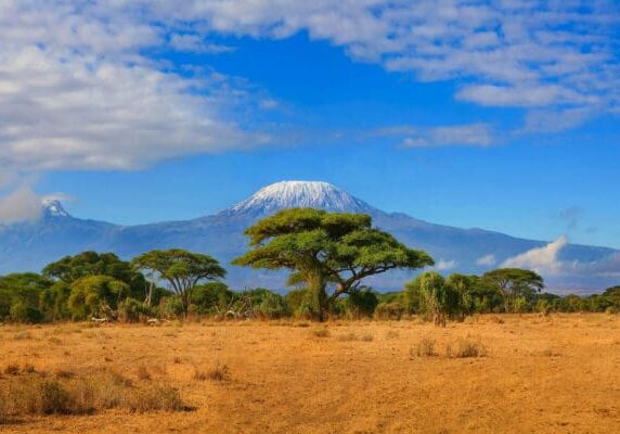 Kilimanjaro,Mountain,Tanzania,Snow,Capped,Under,Cloudy,Blue,Skies,Captured Kilimanjaro mountain Tanzania snow capped under cloudy blue skies captured whist on safari in Africa Kenya.